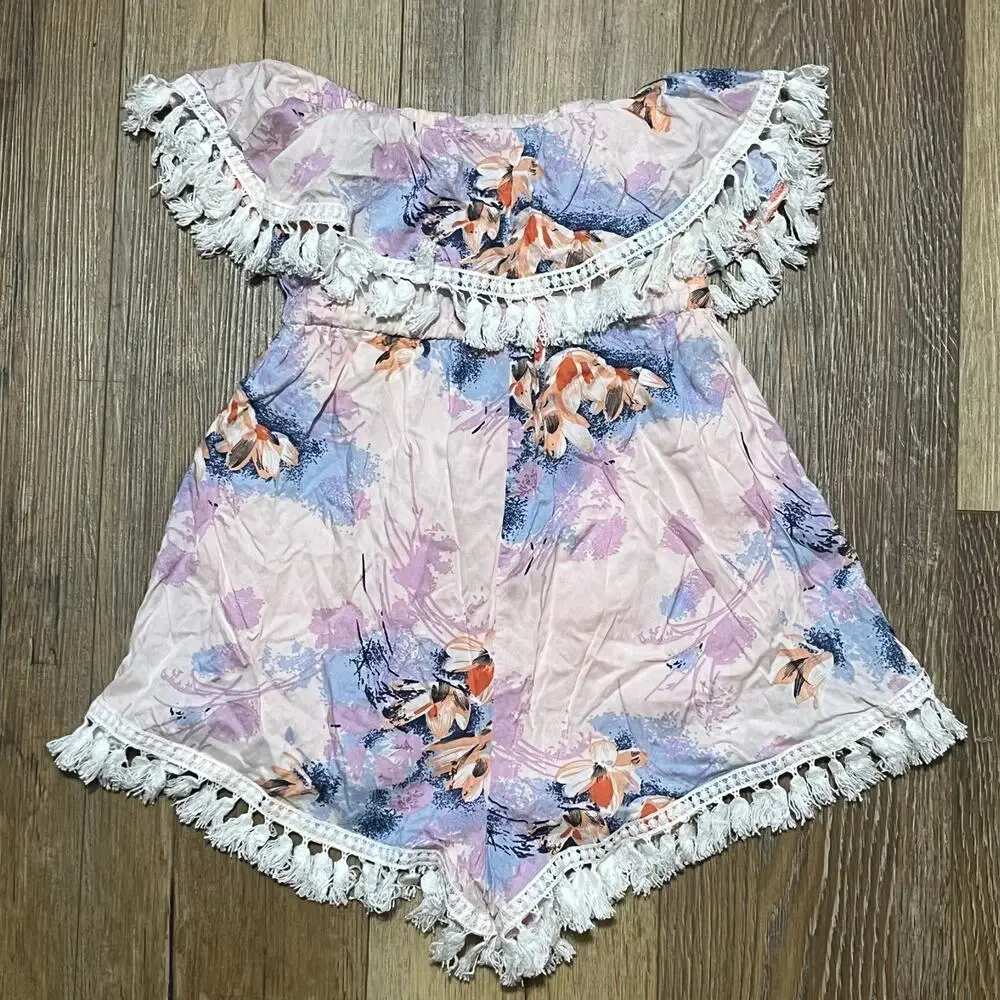 NWT Here Comes The Sun Floral Romper Women’s Small Pink Fringe Boho Beach $148 - Picture 3 of 7